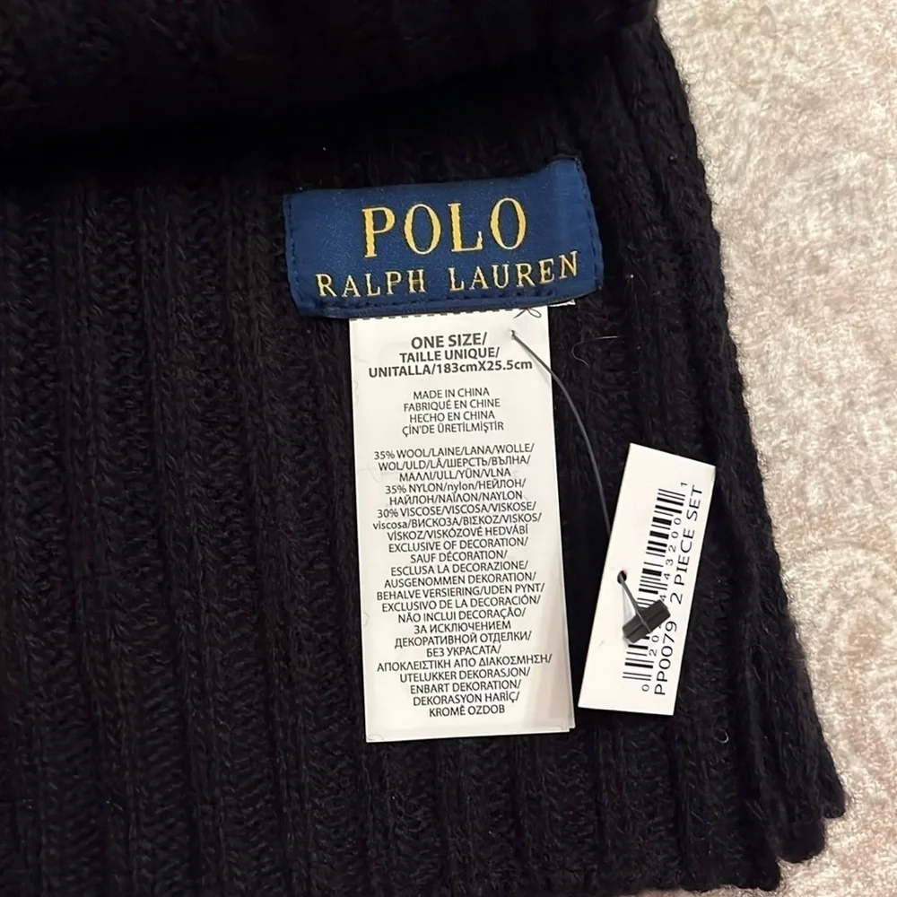 Brand New Polo by Ralph Lauren Black & White 35% Lambswool Hat & Scarf Set